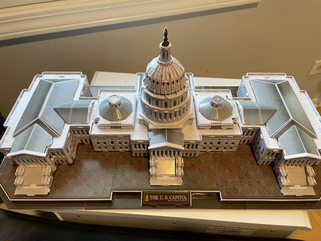  This is a 3-d puzzle of the capital building that LIGHTS UP! Now I can not take a lot of the credit for the making of this structure because it was my sister who did this.